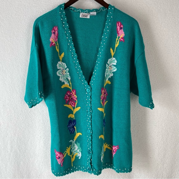 Vintage Sweater XL Lucia Cardigan Teal Green Knit Embroidered Floral Scalloped - Picture 16 of 16